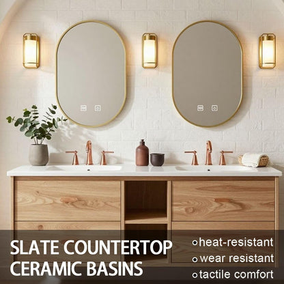 60”-84”Double Floating Vanity, Light Wood Cabinet with Gold Oval LED Mirrors