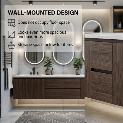 60"-96" Modern Wall-Mounted Bathroom Vanity with Marble Top & LED Lighted Mirrors