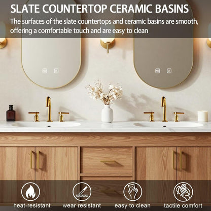 60"-84"Modern Light Wood Bathroom Vanity with Storage Drawers & LED Backlit Mirrors