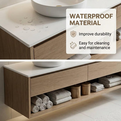 60“-96”Modern Floating Bathroom Vanity with Open Shelf & Gold Hardware