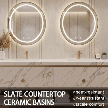 60"-84"Freestanding Marble Bathroom Vanity with Double Sinks & LED Round Mirrors