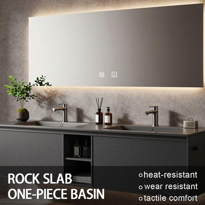 60”-84”Double Sink Floating Bathroom Vanity with LED Backlit Mirror, Dark Gray Textured Cabinet