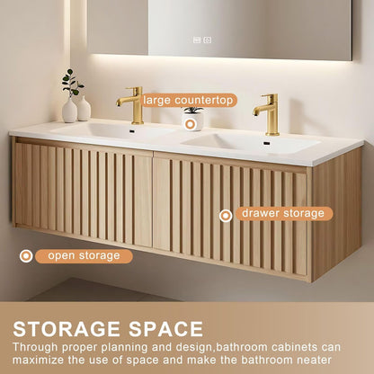 60”-84” Double Sink Floating Bathroom Vanity with LED Backlit Mirror, Wall Mounted Fluted Oak Vanity with White Top & Gold Faucets