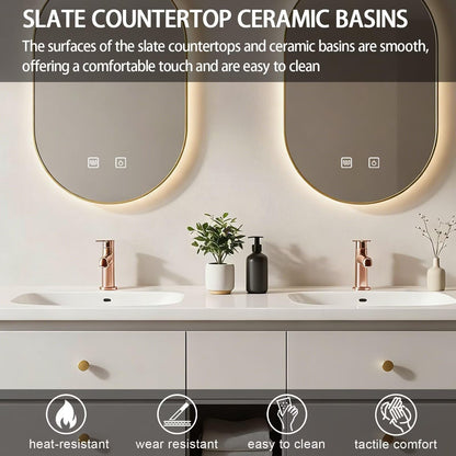 60”-84”Floating Vanity, Modern White Wall Mounted Bathroom Cabinet with Gold Trim Mirror