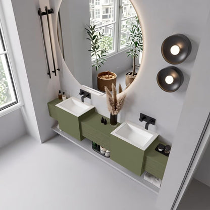 60"-96"Sage Green Floating Bathroom Vanity with Double Vessel Sinks & LED Round Mirror