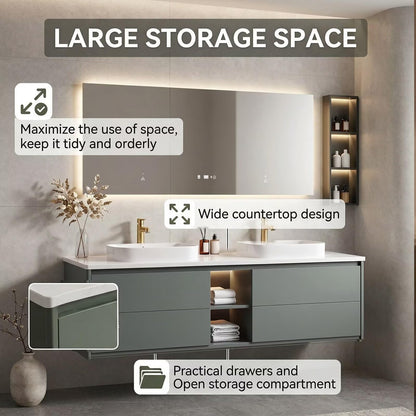 60”-96” Modern Greenish Gray Vanity with Open Shelf & Backlit LED Smart Mirror