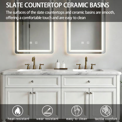 60”-84”Double Sink Freestanding Vanity with LED Mirrors, Off-White Cabinet & Marble Top