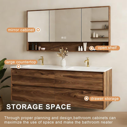 60”-84”Floating Double Sink Bathroom Vanity with LED Defog Mirror Cabinet, Wall Mounted Walnut Wood Vanity with Storage Drawers