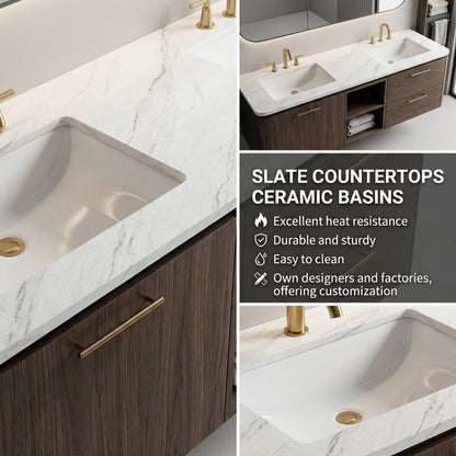 60"-96"Walnut Floating Bathroom Vanity with Marble Top & LED Framed Mirror