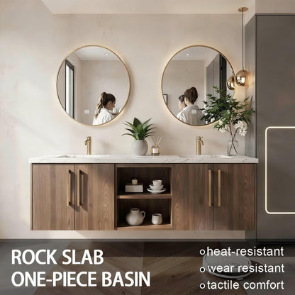 60"-84"Modern Walnut Floating Bathroom Vanity Set with Marble Top & Gold Handles