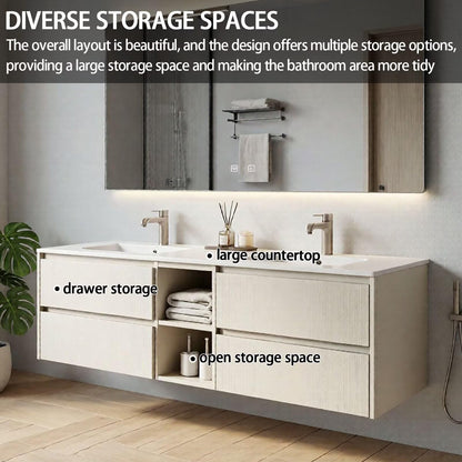 60"-84"Modern White Wood Bathroom Vanity with Open Storage & Integrated Sinks, LED Mirror