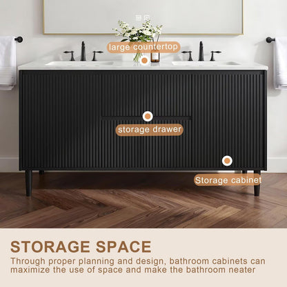 60”-84”Double Sink Freestanding Bathroom Vanity, Black Fluted Panel Vanity with White Marble Top & Gold Trim Mirror