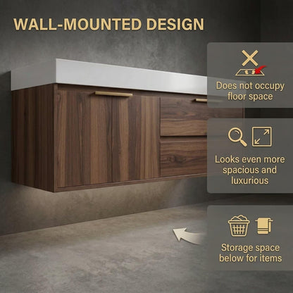 60”-84“Wall-Mounted Bathroom Vanity with Integrated Sink Top & Soft-Close Storage