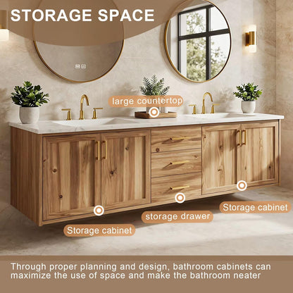 60”-84” Floating Double Bathroom Vanity with White Marble Top, Acacia Wood Wall-Mounted Vanity with Gold Hardware & 2 Round Mirrors