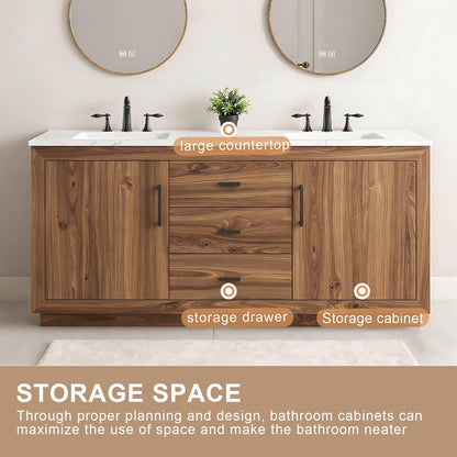 60”-84”Double Sink Freestanding Bathroom Vanity with 2 Round LED Mirrors, Walnut Wood Vanity with Marble Top & Black Hardware