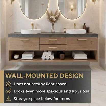 60”-96” Modern Wood Double Sink Vanity with Open Shelf, Dark Stone Top & Gold Handles