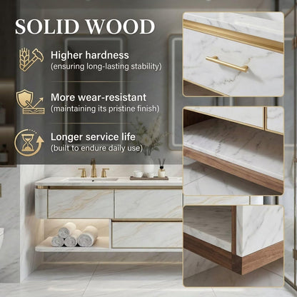 60”-84”Double Sink Bathroom Vanity with LED Lighted Mirrors, Marble Countertop & Gold Trim