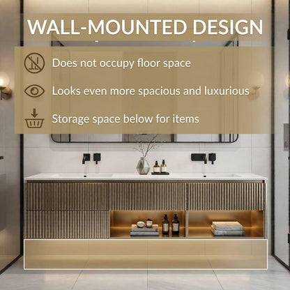 60"-84"Floating Fluted Bathroom Vanity with Double Sinks & LED Mirror