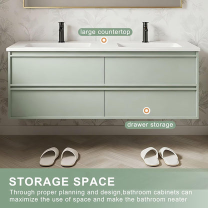 60”-84”Double Sink Floating Bathroom Vanity, Sage Green Cabinet with Gold Framed LED Mirror