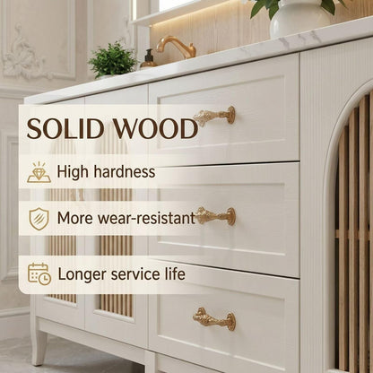 60"-96"Modern Farmhouse Bathroom Vanity, Light Wood Cabinet with Drawers & Arched Openings