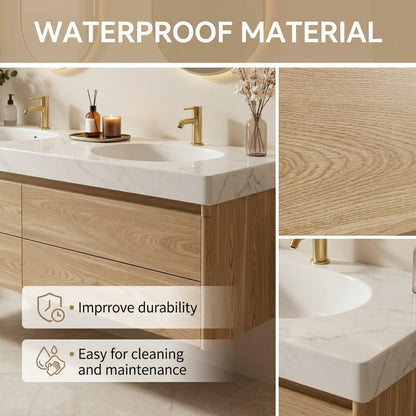 60"-84"Light Oak Floating Bathroom Vanity with Double Sinks & LED Oval Mirrors