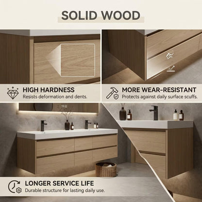 60"-96"Light Oak Floating Bathroom Vanity with Double Sinks & Large LED Backlit Mirror