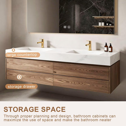 60”-84”Double Sink Floating Bathroom Vanity with LED Mirror, Wall Mounted Walnut Wood Vanity with White Marble Top & Storage