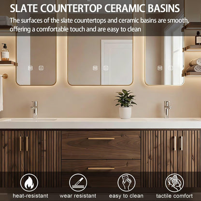 60"-84"Ribbed Wood Floating Bathroom Vanity with Double Sinks & Gold Framed LED Mirrors