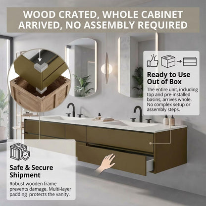 60"-96"Olive Green Floating Bathroom Vanity with Double Sinks & LED Lighted Mirrors