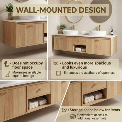60”-84” Double Sink Floating Vanity with Gold Round Mirrors