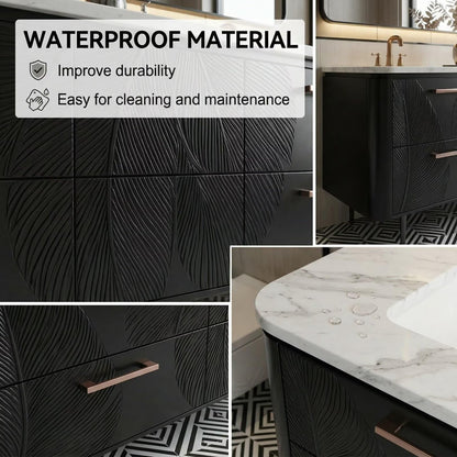 60”-112” Black Leaf-Carved Bathroom Vanity with Double Sinks & Marble Top