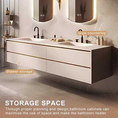 60”-84”Double Sink Floating Bathroom Vanity with Arch LED Mirrors, White Modern Cabinet