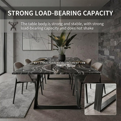 60"-80"Black Marble Dining Table with Black Metal Base, Modern Rectangular Kitchen Table
