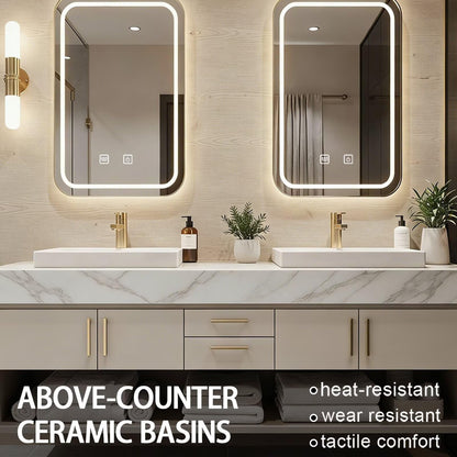 60"-84"Floating Beige Bathroom Vanity with Double Vessel Sinks & LED Mirrors