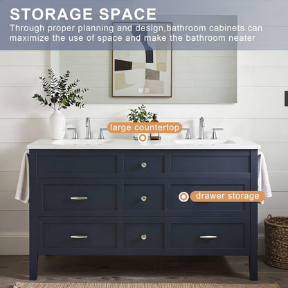 60”-84”Double Sink Freestanding Bathroom Vanity with White Top, Navy Blue Wood Vanity with Storage Drawers & Large Mirror