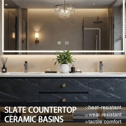 60”-84”Double Sink Floating Bathroom Vanity with LED Backlit Mirror, Black Marble Cabinet