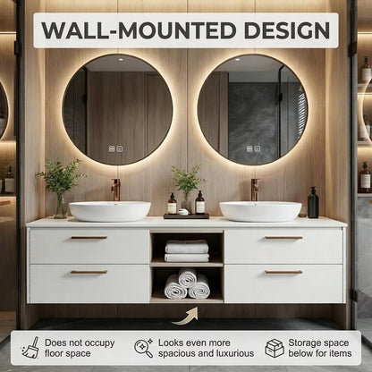 60“-84”Modern Floating Double Bathroom Vanity with LED Round Mirror & White Ceramic Sink