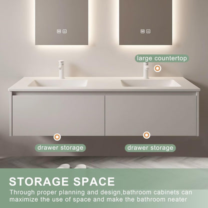 60”-84”Double Sink Floating Bathroom Vanity, All-White Modern Cabinet with Backlit LED Mirrors