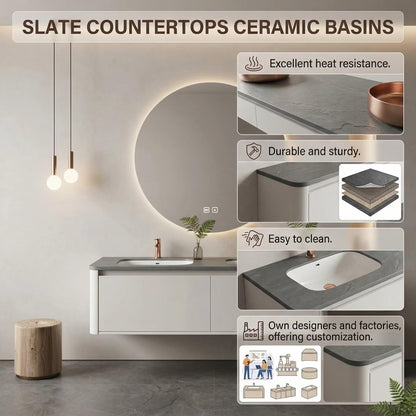 60"-84"Modern Floating Bathroom Vanity Set with LED Round Mirror & Rose Gold Handles