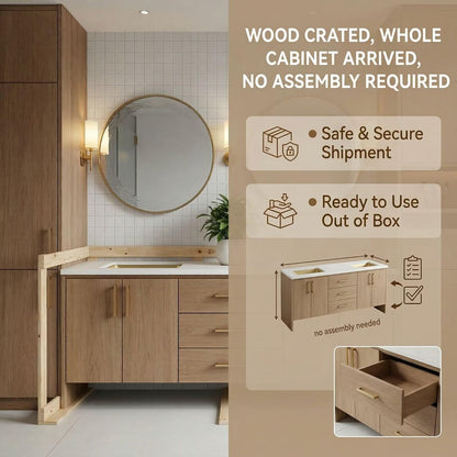 60"-96"Modern Light Oak Floating Bathroom Vanity with Double Sinks & Marble Top