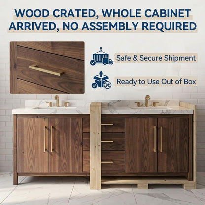 60"-96"Modern Walnut Bathroom Vanity with Double Sinks, Marble Top & Gold Hardware