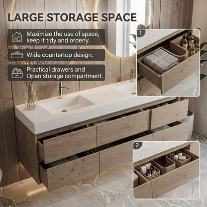 60”-96” Light Oak Floating Bathroom Vanity with Double Sinks & LED Round Mirrors