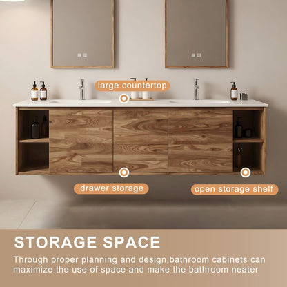 60”-84” Wall Mounted Double Sink Bathroom Vanity with Arched LED Mirrors, Wood Floating Cabinet with White Stone Top, Natural