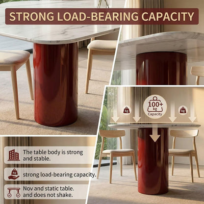 60"-80"Modern Rectangular Dining Table, White Marble Top with Glossy Red Cylindrical Base