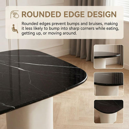 60"-80"Modern Oval Dining Table with Black Marble Top & Cream Base, Seats 4-6