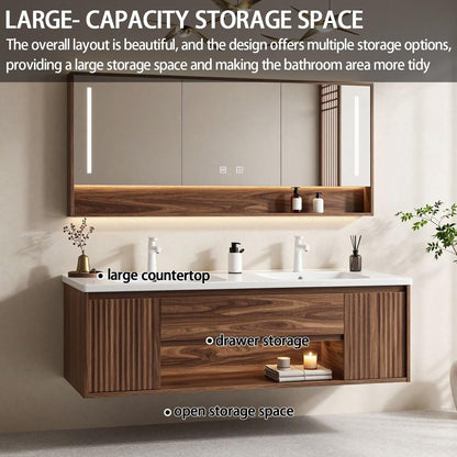 60”-84”Double Sink Floating Bathroom Vanity with LED Mirror Cabinet, Walnut Fluted Cabinet