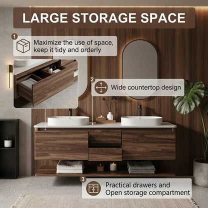 60"-96"Modern Wood Wall-Mounted Bathroom Vanity Set with Open Shelf & MirrorsModern Wood Wall-Mounted Bathroom Vanity Set with Open Shelf & Mirrors