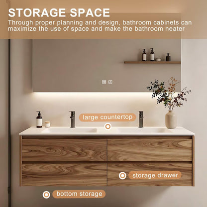 60”-84” Double Sink Floating Bathroom Vanity with LED Backlit Mirror, Wall Mounted Walnut Vanity with White Top & Storage