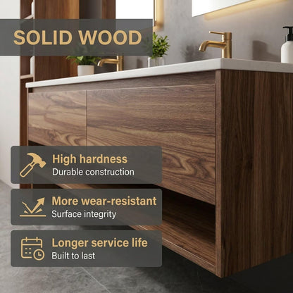 60”-96”Modern Wall-Mounted Bathroom Vanity with Walnut Finish & LED Lighted Mirrors