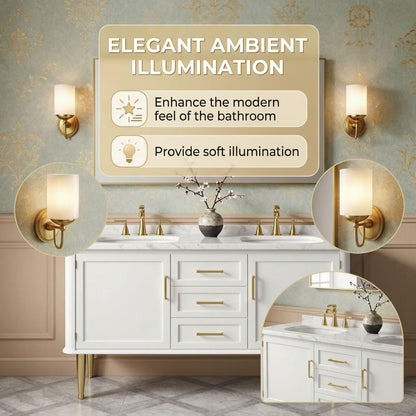 60"-96"Luxury Freestanding Vanity, White Cabinet with Gold Handles & Marble Countertop